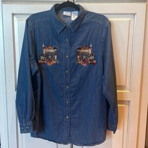 Vintage 80s Denim Button Up Bobbie Brooks Large Bears Thanksgiving Embroidered‎